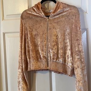 Light pink cropped velour zip up with hood